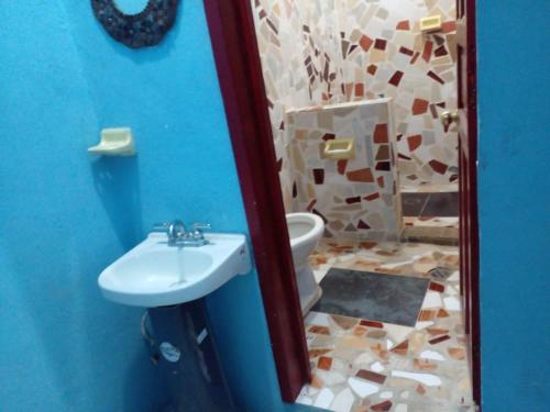 uma casa de banho com um lavatório e um WC em Quinta las golondrinas em Morelos