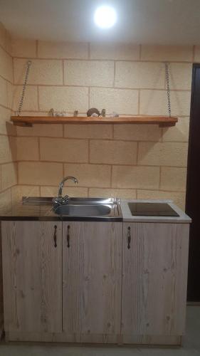 um balcão de cozinha com um lavatório e uma prateleira em ECO guest house em Berd