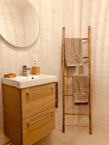 La salle de bains est pourvue d'un lavabo, d'un miroir et d'un porte-serviettes. dans l'établissement Le Bohème Parking Proche Centre, à Châteauroux