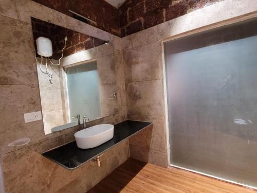 a bathroom with a sink and a mirror and a shower at The Dandelion - Colonels Jungle Resort in Khānāpur