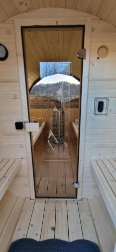 a inside view of a sauna in a tiny house at Domki pod Kuźnią in Falsztyn