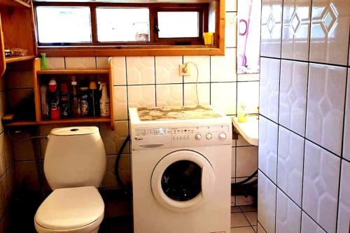 y baño pequeño con aseo y lavadora. en Stara chałupa, en Murzasichle