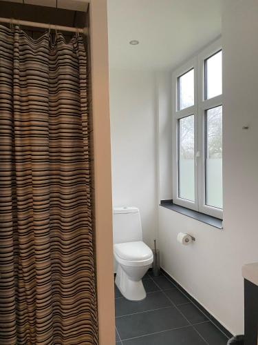 a bathroom with a toilet and a window at OnlySleep Femern in Holeby