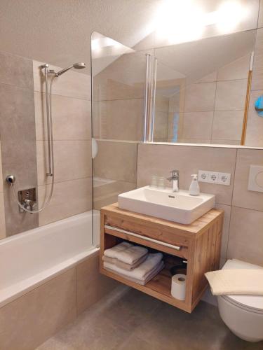 ein Bad mit einem Waschbecken, einer Dusche und einem WC in der Unterkunft Landhaus Gerber in Lermoos