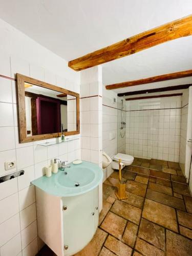 La salle de bains est pourvue d'un lavabo bleu et de toilettes. dans l'établissement Eine Etage im historischen Gästehaus bei Magdeburg, à Barleben