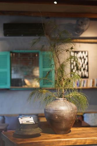 a vase with a plant in it on a table at Dechiu in Hoi An