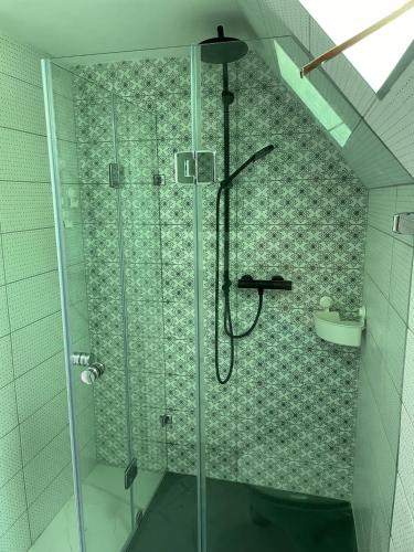 a shower with a glass door in a bathroom at LaBoum Balatonszemes in Balatonszemes