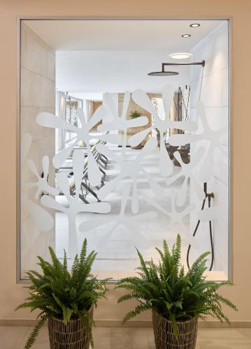 two potted plants in front of a wall at Movi Family Apart-Hotel ****s in Corvara in Badia