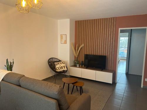 uma sala de estar com um sofá e uma televisão em Snug & Cosy proche gare PartDieu, accès facile aéroport et Eurexpo em Villeurbanne