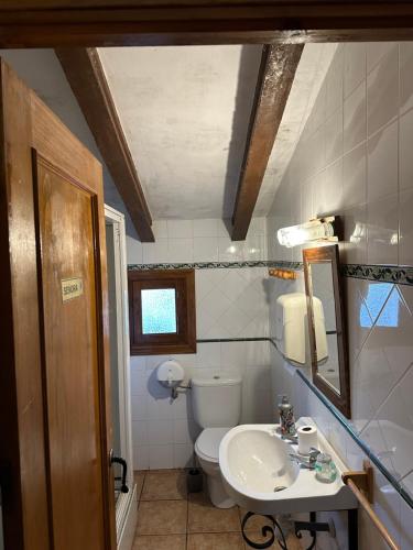 uma casa de banho com um WC, um lavatório e um espelho. em Granja El Regajo em Valência