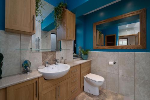 ein Badezimmer mit einem Waschbecken, einem WC und einem Spiegel in der Unterkunft Trevelyan in St Ives