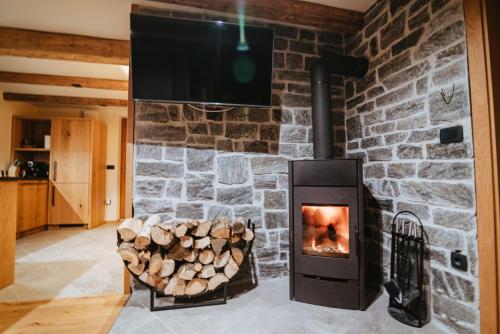 a stone fireplace with a tv and a pile of logs at Cottage Planska koča in Vitanje
