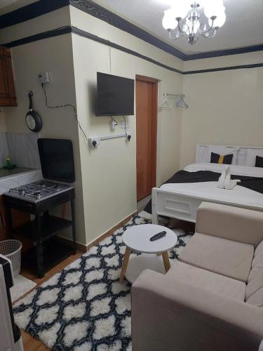 mały salon z łóżkiem i kanapą w obiekcie La Casa Studio w mieście Naivasha