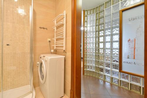 a bathroom with a toilet and a glass wall at NORTH Apartments Blue-Velvet, parking in Ustka