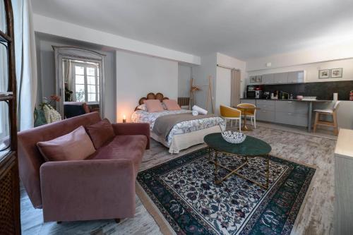 un salon avec un canapé et un lit dans l'établissement Résidence Aristide Briand - Appartements en Centre Ville, à Vichy