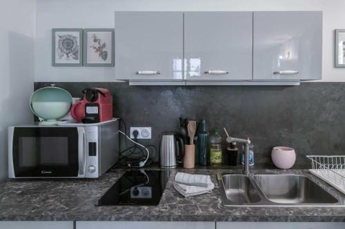 um balcão de cozinha com um micro-ondas e um lavatório em Résidence Aristide Briand - Appartements en Centre Ville em Vichy