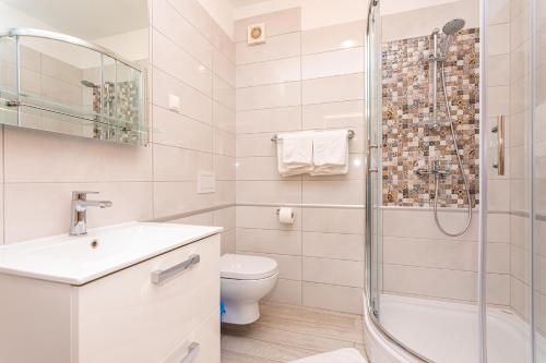 a bathroom with a shower and a toilet and a sink at Apartments Crnekovic Tomislava 8 in Baška