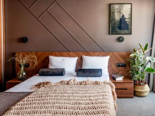 1 dormitorio con 1 cama con 2 almohadas en Villa Cam In Ski, en Duszniki-Zdrój
