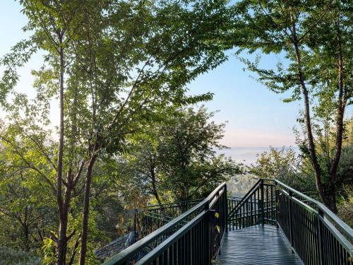 a walkway in the woods with a bridge at Rakkh Resort, a member of Radisson Individuals Retreats in Pālampur