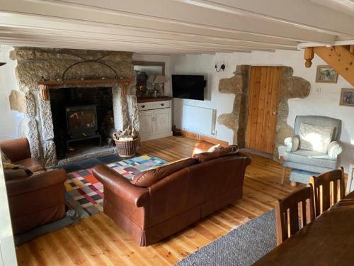 uma sala de estar com um sofá e uma lareira em Dog friendly cottage with woodland & lake em Helston