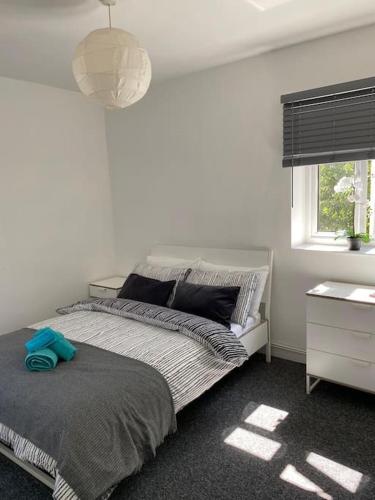 een slaapkamer met een bed met een blauw voorwerp erop bij Lovely 2 bedroom flat in greater london in Londen