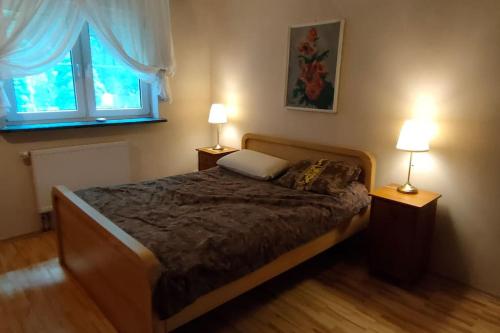的住宿－Siesta u Sławy: dom na mazowieckich Mazurach，一间卧室配有一张带两盏灯的床和一扇窗户。