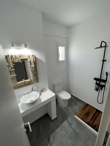 La salle de bains blanche est pourvue d'un lavabo et de toilettes. dans l'établissement White Villas Paros, à Kampos Paros