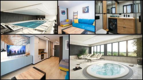 un collage de fotos de una casa con piscina en Apartament Turkusowy - basen, sauna, grota śnieżna en Dziwnów