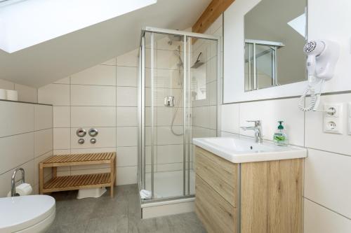 een badkamer met een douche en een wastafel bij Pension Bernhardhof in Otterfing