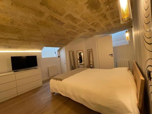 a bedroom with a bed and a flat screen tv at le loft bleu - un atelier-cocon élégant & central in Bordeaux