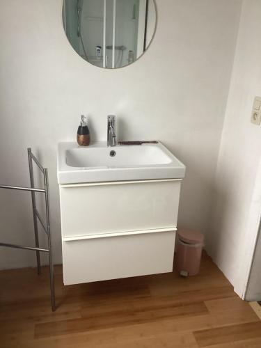 een badkamer met een witte wastafel en een spiegel bij Les chineurs du 81 in Luik