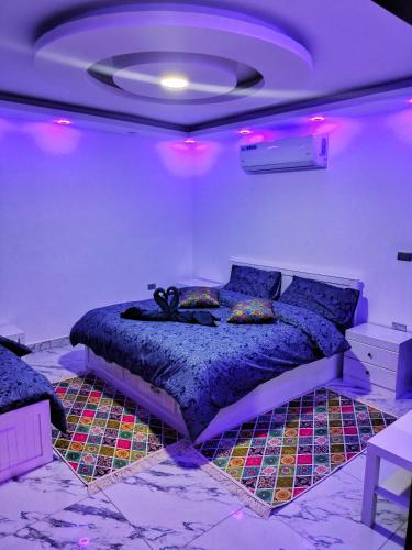 a bedroom with a bed with purple lights on it at Petra Desert Dream Hotel in Wadi Musa
