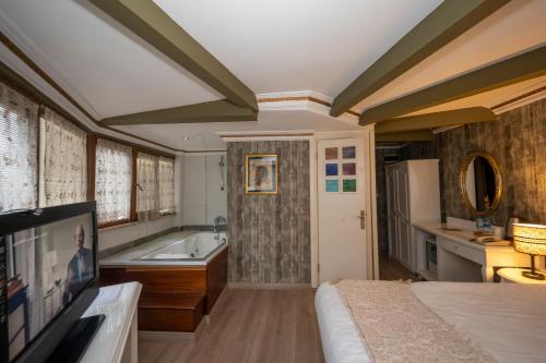 een slaapkamer met een bed, een bad en een televisie bij Fuat Bey Palace Hotel & Suites in Istanbul