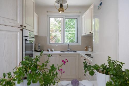 een keuken met witte kasten en een raam en planten bij Spetses Sea View Luxury House in Spetses