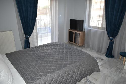 a bedroom with a bed and a tv and windows at Meteora House with a view in Kalabaka