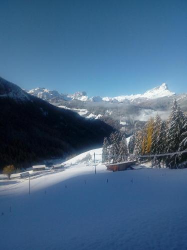 a snow covered slope with trees and a mountain at Appartaments Sanderhof in La Valle