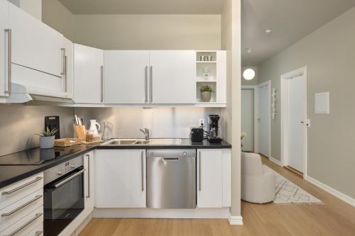 uma cozinha com armários brancos e uma máquina de lavar louça em aço inoxidável em Elegant Bergen City Center Apartment - Ideal for business or leisure travelers em Bergen