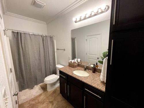 a bathroom with a sink and a toilet and a mirror at Tanglewood Condo in Hot Springs