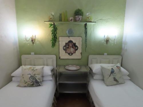 two twin beds in a room with green walls at Blue Bell Guesthouse in Tzaneen