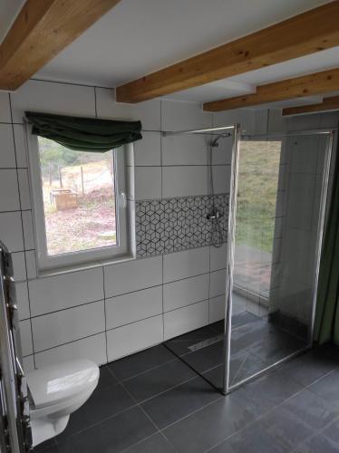 ヤボジンカにあるGościniec Śliwkulaのバスルーム(トイレ付)、窓が備わります。