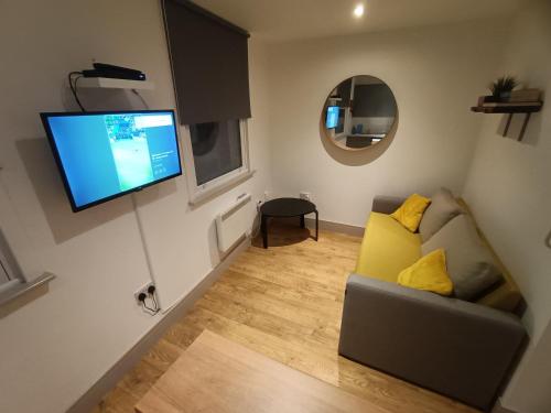 a living room with a couch and a flat screen tv at Lovely 1 bedroom apartment in London in London