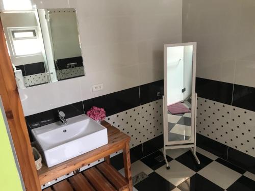 a bathroom with a sink and a mirror at Time Travel B&B in Taitung City