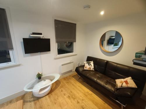 a living room with a leather couch and a mirror at Lovely 2 bedroom serviced apartment in London in London