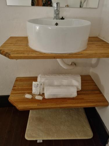 a bathroom with a sink and towels on a wooden shelf at Posada Las Chacras in Ciudad Lujan de Cuyo