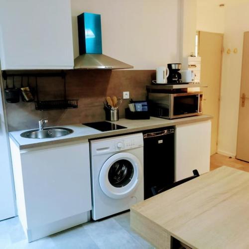 a kitchen with a washing machine and a sink at Le Cosy Chaleureux appartement in Saint-Étienne