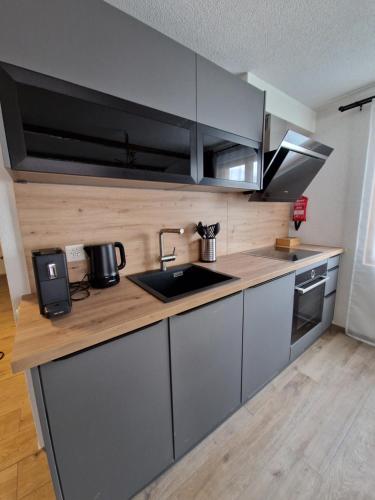 a kitchen with a sink and a counter top at FeWo's und Apartment's Schöneck in Davos