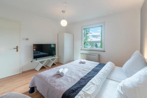 a white bedroom with a bed and a television at Appartement-Marienrode in Hildesheim