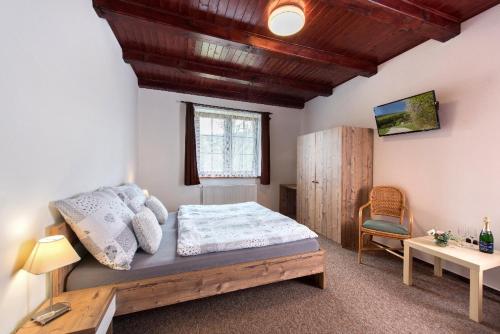a bedroom with a bed and a table and a chair at Penzion u Sevcu in Holubov
