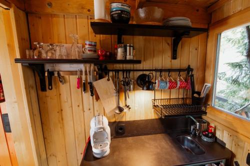 eine Küche mit einer Theke und einem Waschbecken in einem Zimmer in der Unterkunft Tree House Alpinka Krvavec in Cerklje na Gorenjskem