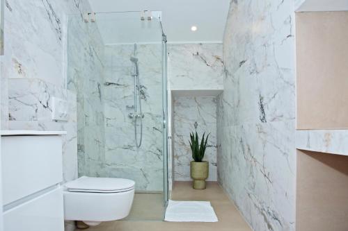 a bathroom with a toilet and a shower at Flowers Premium Apartments & Rooms in Zagreb